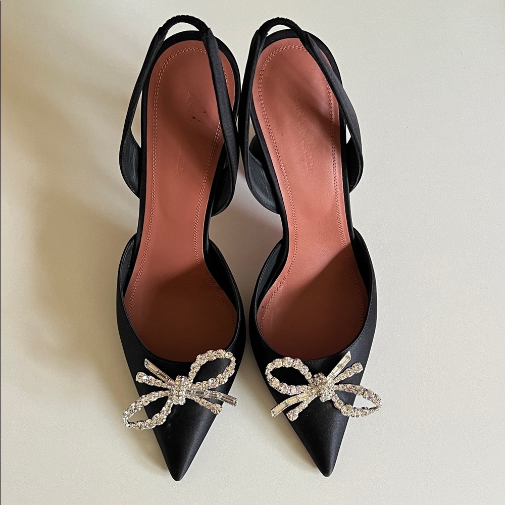Amina Muaddi Rosie Black Satin Sling Heels with Crystal Bow